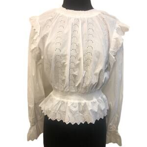 Topshop Shirred Embroidered White Ruffle Blouse Blouson Sleeves Size 6 Victorian